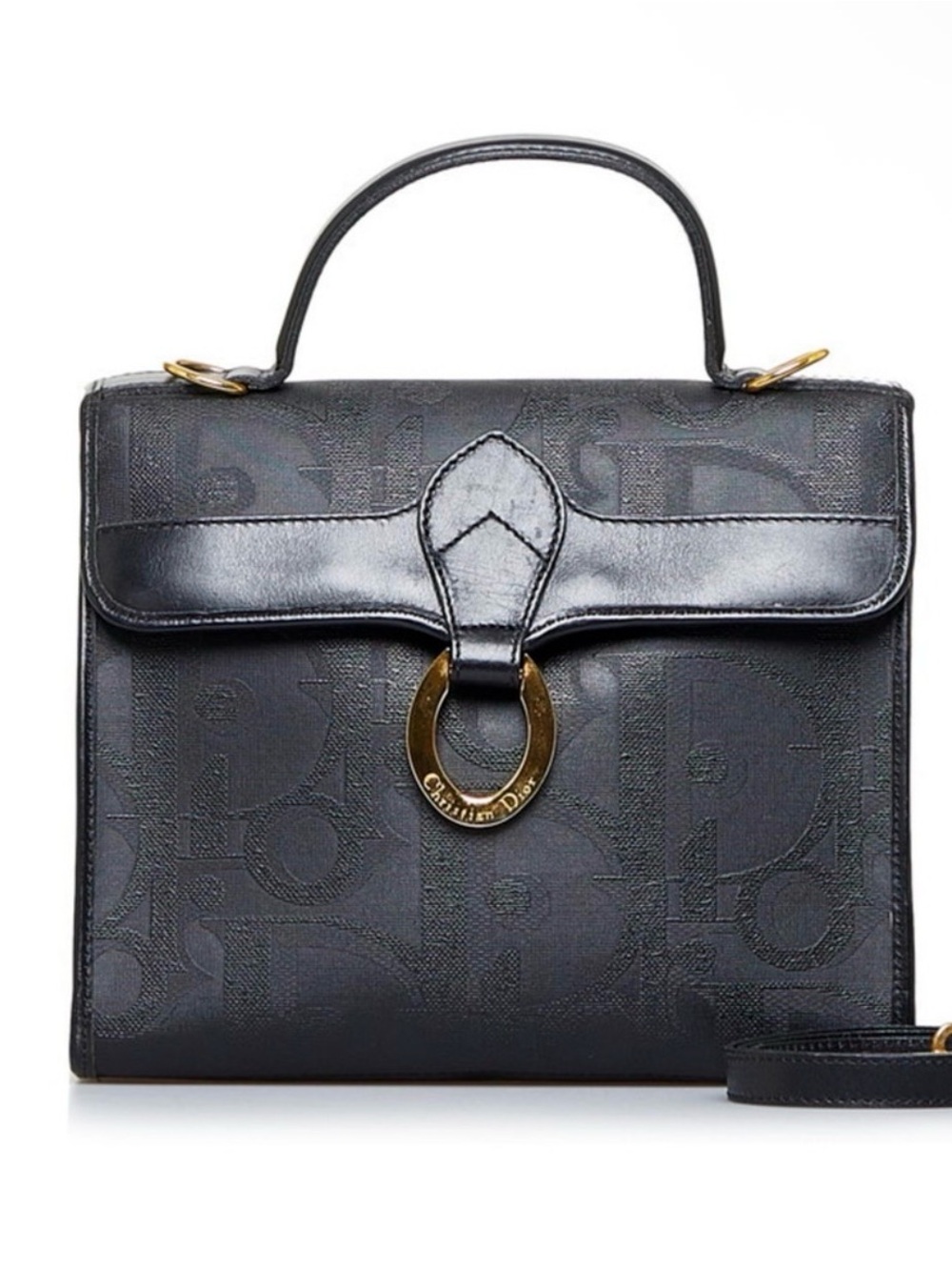 Christian Dior Trotter Canvas Hand Bag PVC 2way Navy Gold Auth